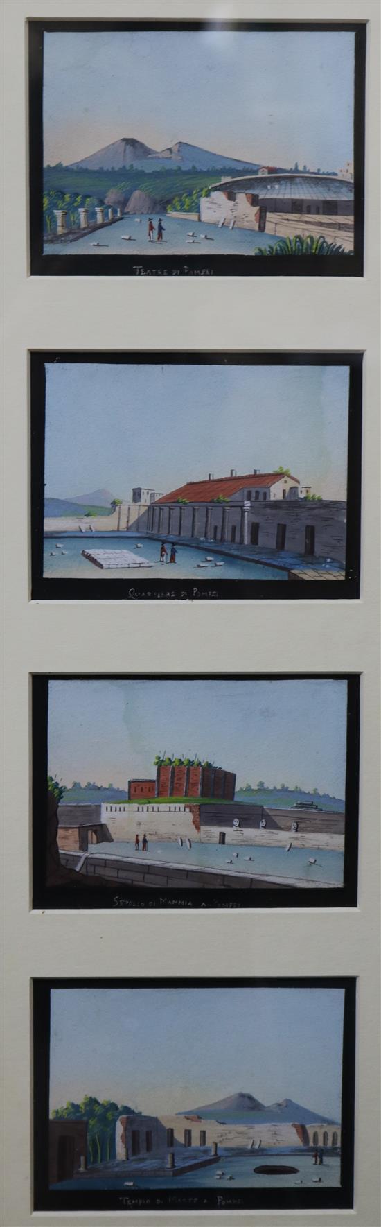 Neapolitan School (19th Century), gouache, three framed sets of miniature views, including Pompeii, Paestum, Vesuvius, etc. (18)